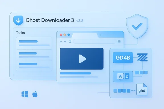 Ghost Downloader 3 v3.8 interface with download/play and file transfer icons on a blue 3D backdrop.