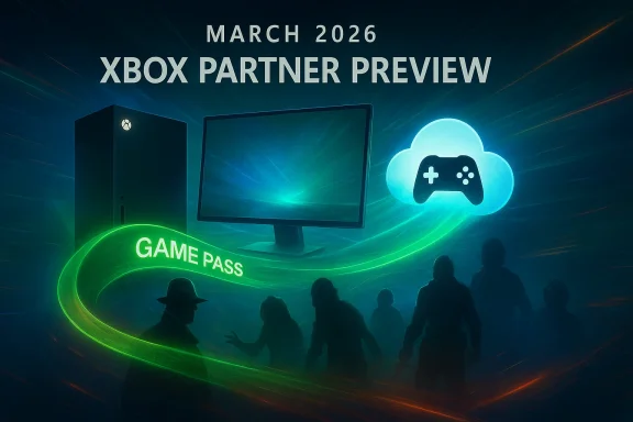 Futuristic “Xbox Partner Preview” banner with glowing game pass and controller icon above a crowd silhouette.