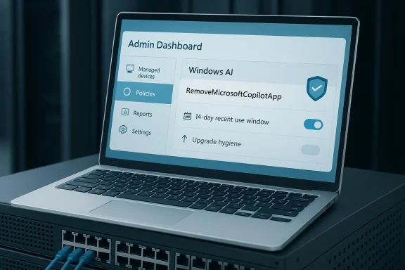 A laptop displays an “Admin Dashboard” with “Windows AI” and app management options.