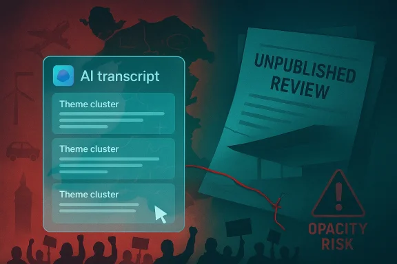 AI transcript interface over an “Unpublished Review” document, with opacity and risk warnings on a map background.