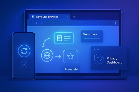 Futuristic blue UI showing Samsung Browser with Translate and Privacy Dashboard across phone and laptop.