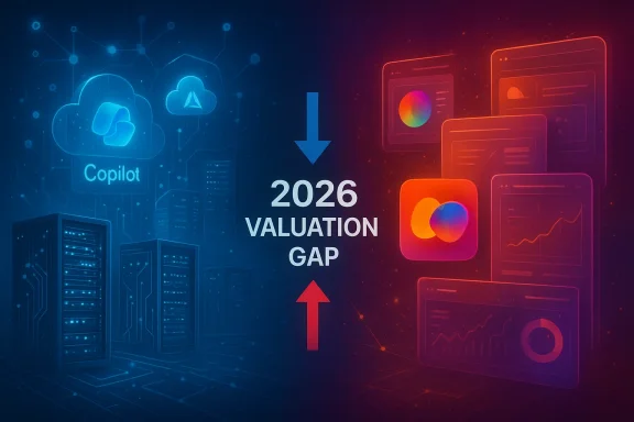 Futuristic “2026 Valuation Gap” concept graphic with cloud, servers, and upward/downward arrows.