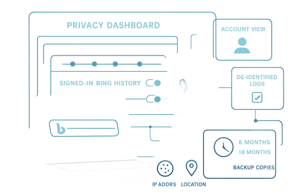 Blue privacy dashboard interface overlaid on a user silhouette, showing sign-in history and de-identified logs.