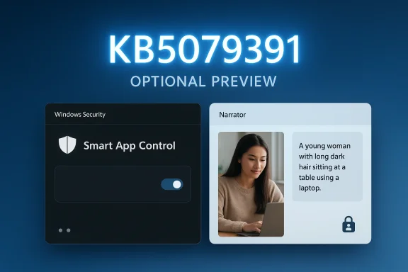Windows Security Smart App Control preview with a narrator slide and a woman using a laptop, on blue background.