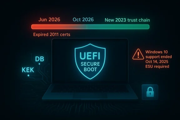Neon dashboard shows “UEFI secure boot” with warnings about expired 2011 certs and Windows 10/ESU support.