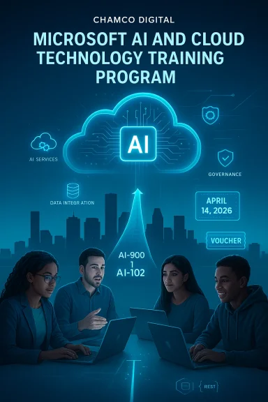Microsoft AI and Cloud technology training program poster with glowing cloud AI and team in front of computers.