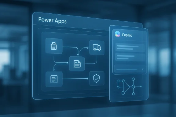 Glowing blue interface graphic showing “Power Apps” with a Copilot panel and connected workflow icons.