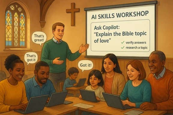 Illustration of a classroom AI skills workshop where students use tablets during a lesson on Bible topics and love.