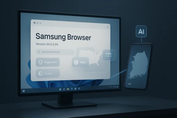A desktop monitor shows the “Samsung Browser” update while a smartphone displays an AI icon.