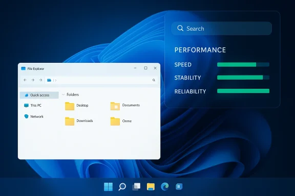 File Explorer window and performance dashboard with speed, stability, and reliability bars on a blue Windows 11 desktop.