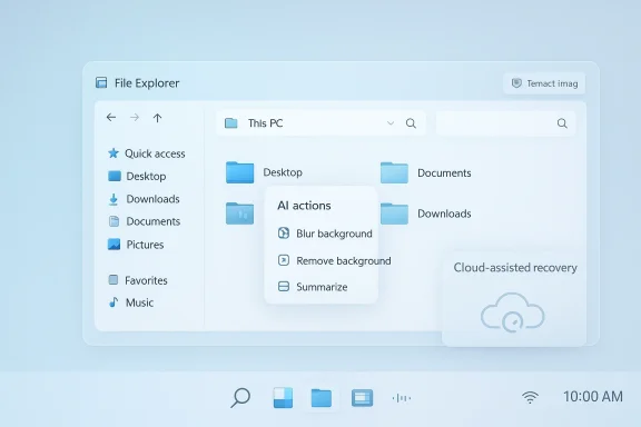 Windows File Explorer interface showing quick access and AI actions like blur and remove background.