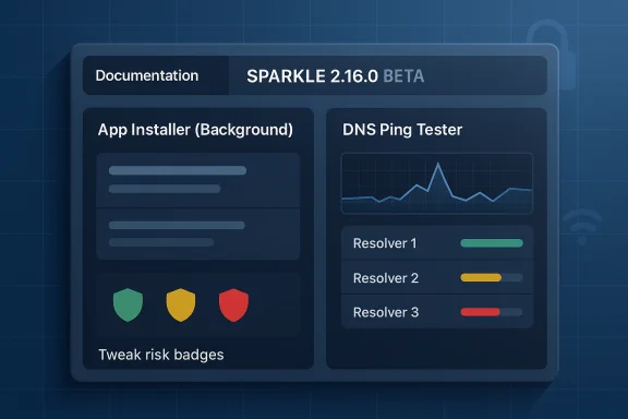 Dashboard UI titled “SPARKLE 2.16.0 BETA” showing app installer and DNS ping tester panels.