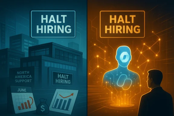 Split-screen graphic showing “HALT HIRING” on a building and a digital recruiter icon, with contrast blue and orange themes.
