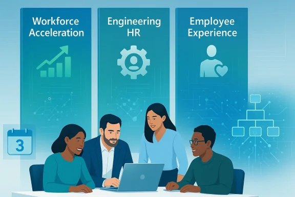 Illustration of a diverse team meeting in an office with posters reading “Workforce Acceleration,” “Engineering HR,” and “Employee Experience.”