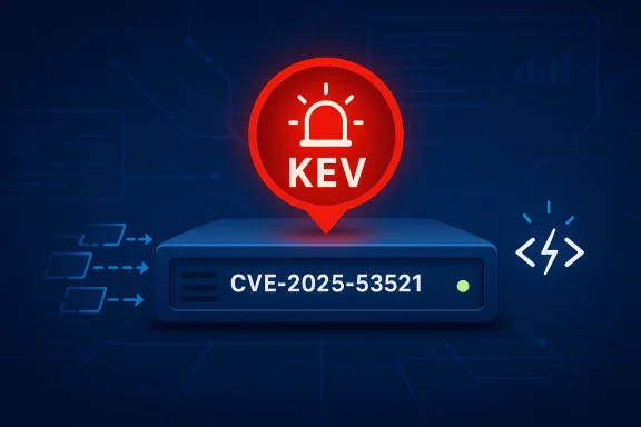 Cybersecurity-themed graphic showing a red alarm pin with “KEV” and “CVE-2025-53521” on a server display.