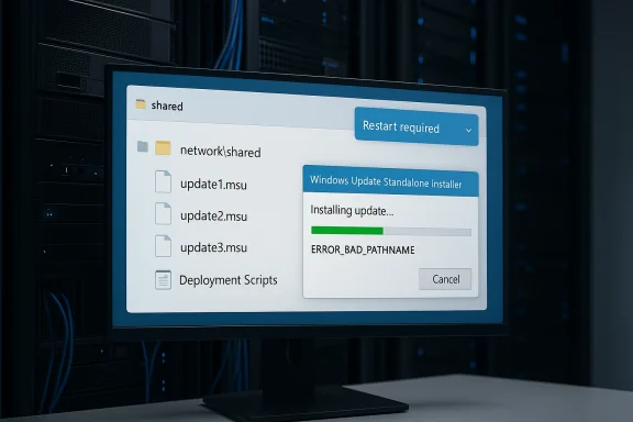Windows update installer shows “Restart required” and an ERROR_BAD_PATHNAME while installing on a server. Windows update installer shows “Restart required” and an ERROR_BAD_PATHNAME while installing on a server.