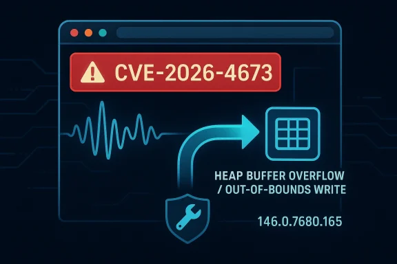 Cybersecurity warning showing “CVE-2026-4673” with “heap buffer overflow/out-of-bounds write” alert.