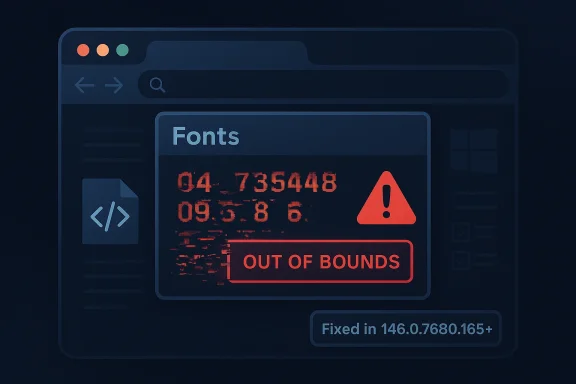 Debug UI shows “Fonts” error with “OUT OF BOUNDS” and a red warning triangle.