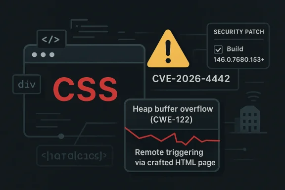 Cybersecurity alert graphic showing “Heap buffer overflow (CWE-122)” and remote triggering via HTML page.