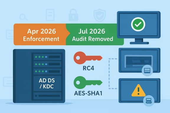 Timeline graphic showing April 2026 enforcement, July 2026 audit removal, and security keys RC4/AES-SHA1.