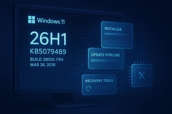 Windows 11 update screen showing build 26H1 KB5079489 with install and recovery tools icons.