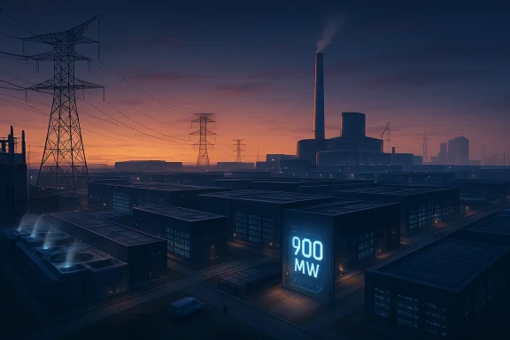 Industrial power plant at dusk with high-voltage transmission towers and a lit “900 MW” sign.
