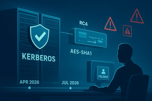 Cybersecurity graphic showing Kerberos, AES-SHA1, RC4, and FSLogix with warning icons. Cybersecurity graphic showing Kerberos, AES-SHA1, RC4, and FSLogix with warning icons.