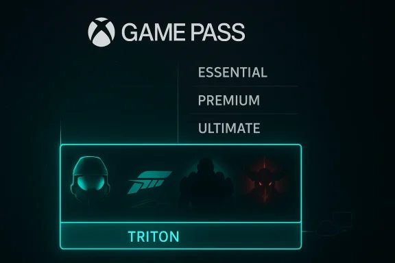 Neon “Game Pass” banner showing Essential, Premium, Ultimate tiers for the Triton plan.