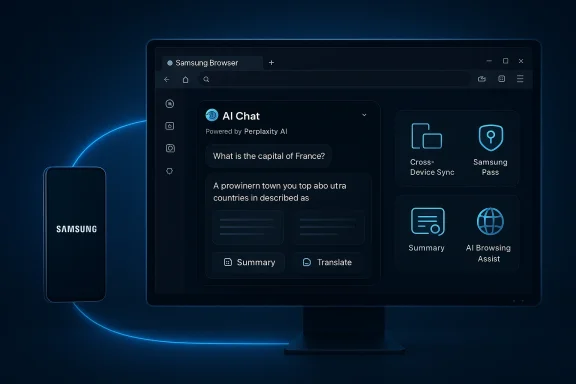 Samsung browser on a desktop screen showing an AI Chat powered by Perplexity with device-sync icons.