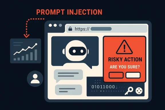 Illustration of a “PROMPT INJECTION” warning on a browser window with risky action alert.