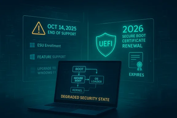Neon cybersecurity diagram on a laptop showing degraded security state and UEFI secure boot certificate renewal.