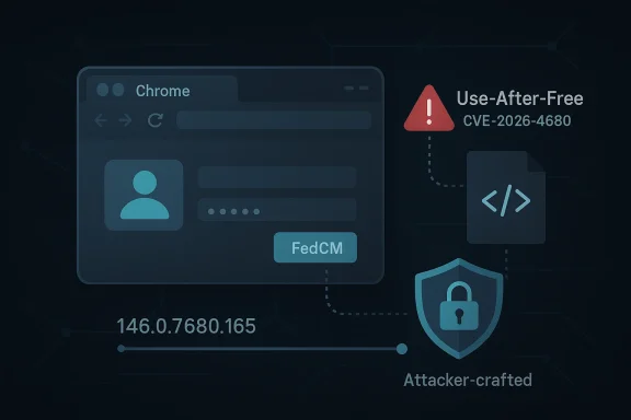 Chrome browser warns of CVE-2026-4680 use-after-free security exploit on a networked system.