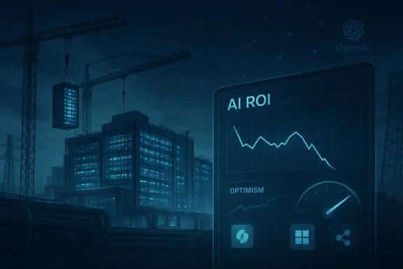 Blue-tinted city skyline with AI R O I analytics dashboard and optimism chart overlay.