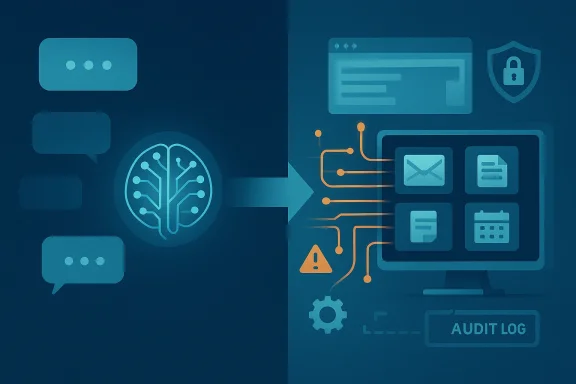 Illustration of network security, showing a protected shield, neural circuit, and audit log UI on a blue interface.