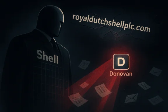 Hooded figure in dark suit with Shelll and Donovan logos amid glowing red/black cyber envelope fragments.