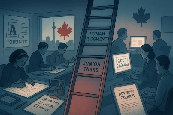 Illustration of office workers at desks, with posters reading “Human Judgement,” “Junior Tasks,” and “Good Enough.”