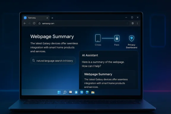 Close-up of a laptop browser showing a “Webpage Summary” feature with AI assistant and privacy icons.