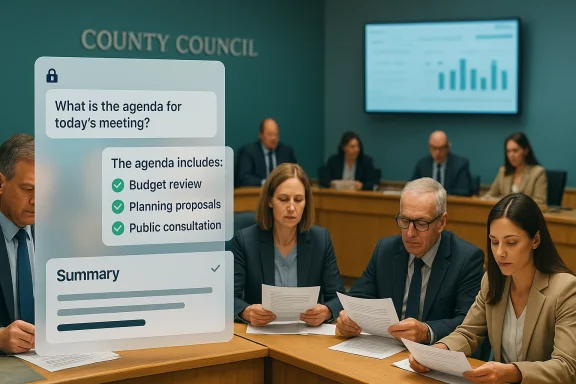 County council meeting with an agenda overlay listing budget review, planning proposals, and public consultation. County council meeting with an agenda overlay listing budget review, planning proposals, and public consultation.