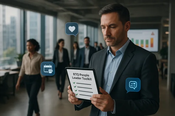 Businessman in an office holding a “RTO People Leader Toolkit” document, with message icons floating behind him.