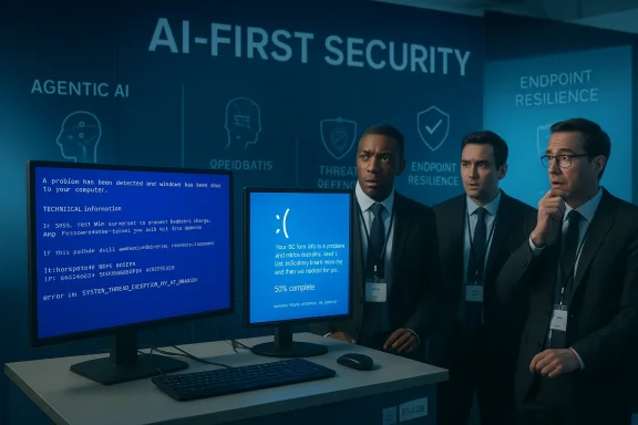 Two security agents in suits watch a monitor displaying a computer error and “AI-FIRST SECURITY” backdrop.