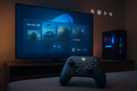 Gaming controller rests on a desk in front of a TV showing a HALO-themed interface.
