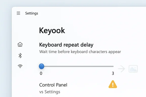 Keyboard repeat delay slider in Keyook settings, with “Control Panel vs Settings” comparison.