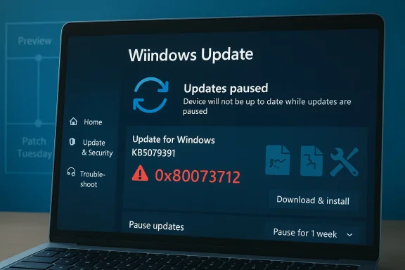 Laptop screen shows Windows Update paused with error 0x80073712 for update KB5079391.