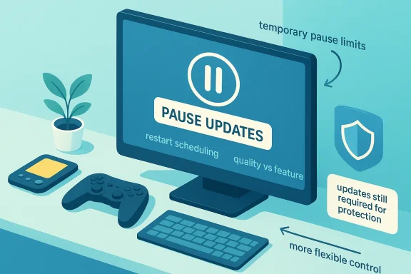 Illustration shows a computer paused for “pause updates,” with protection and flexible control icons. Illustration shows a computer paused for “pause updates,” with protection and flexible control icons.