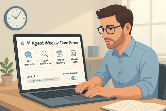 Illustrated office scene of a man using a laptop to view “AI Agent Weekly Time Saver.”
