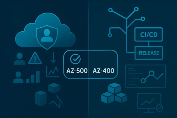 Cloud security and CI/CD pipeline graphic with deployment servers and version badges AZ-500 and AZ-400.