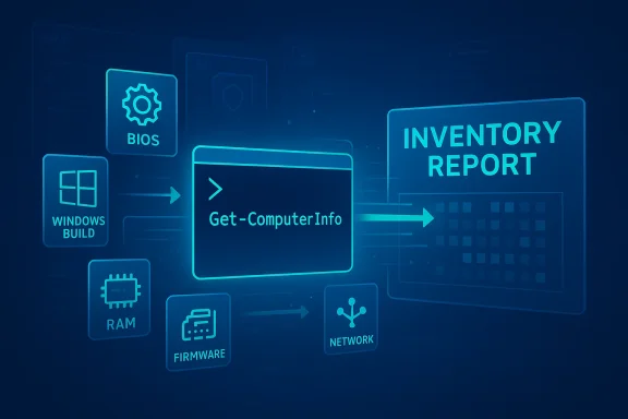 Digital workflow diagram showing BIOS, Windows Build, RAM, Firmware, Network to generate an inventory report.
