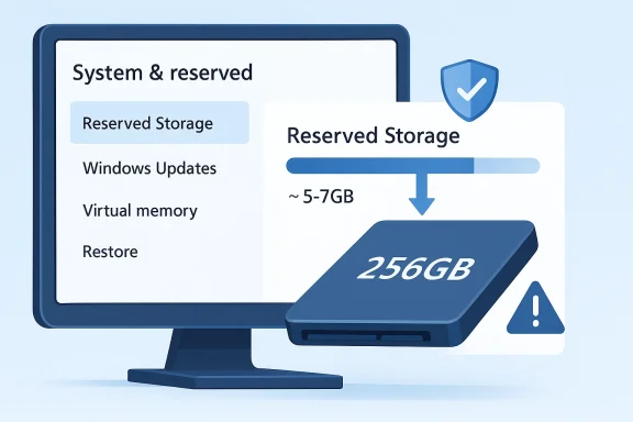 Illustration of reserved storage on a computer screen, showing 256GB and a 5–7GB allocation.