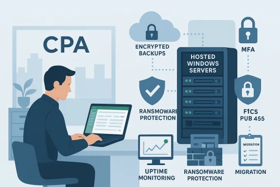 Illustration of an IT worker managing secure backups, ransomware protection, and server hosting with MFA and monitoring.