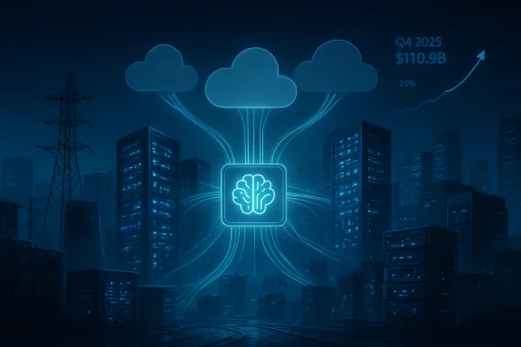 Neon cloud over a futuristic city, with a brain icon and Q4 2025 $110.9B growth chart.